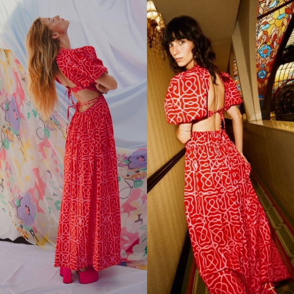 Agua by Agua Bendita Samba  Cutout-Back Print Puff Sleeve Maxi Dress Red Large - Picture 3 of 15